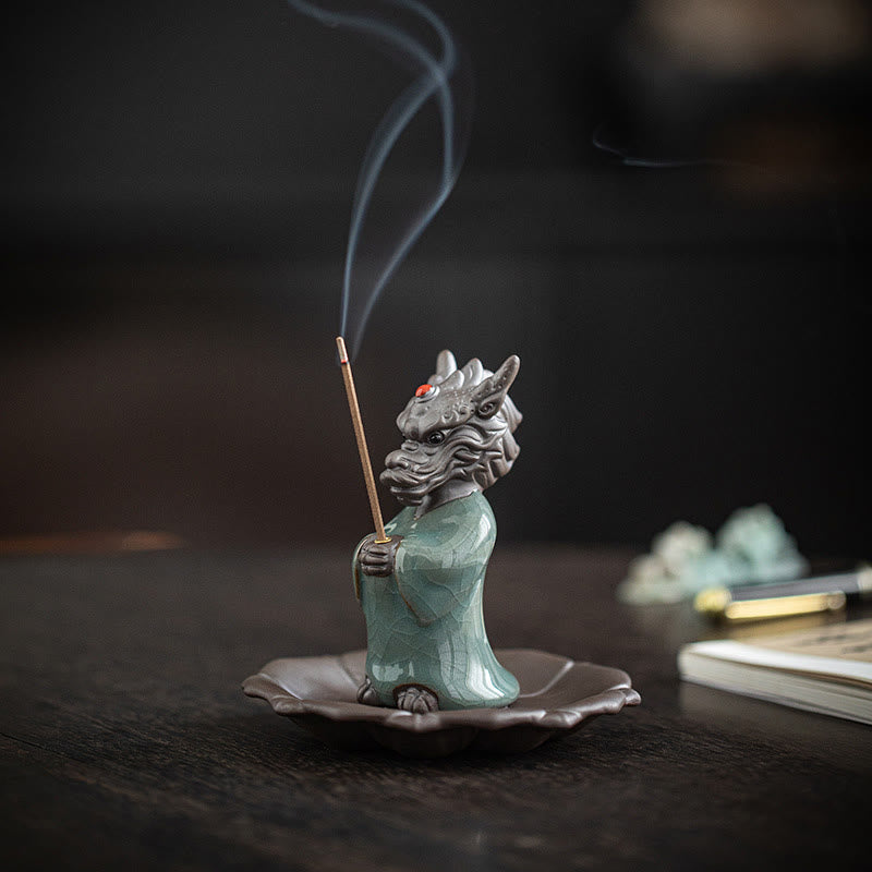 Ceramic Dragon King Incense Burner – dragon scholar holding lit incense with rising smoke, dark studio, Serenity