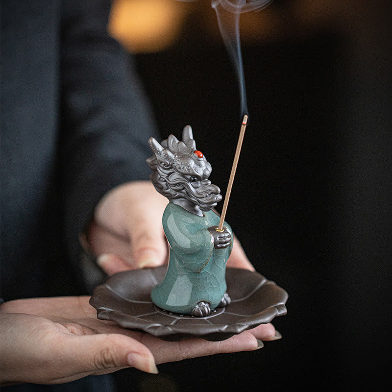 Ceramic Dragon King Incense Burner – four-panel detail grid with gold borders, multi-angle, Heritage