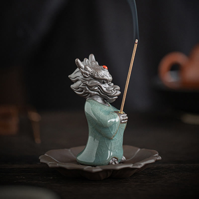 Ceramic Dragon King Incense Burner – figure with burning incense and smoke, profile view, Mindfulness