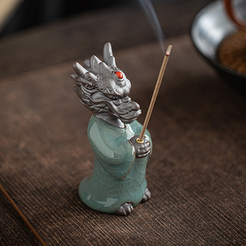 Ceramic Dragon King Incense Burner – mountain-shaped stone and calligraphy brush nearby, scholar desk, Wisdom