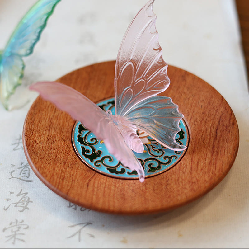 Butterfly Liuli Glass Incense Burner - Iridescent pink-blue butterfly on round wooden base with turquoise inlay, liuli glass