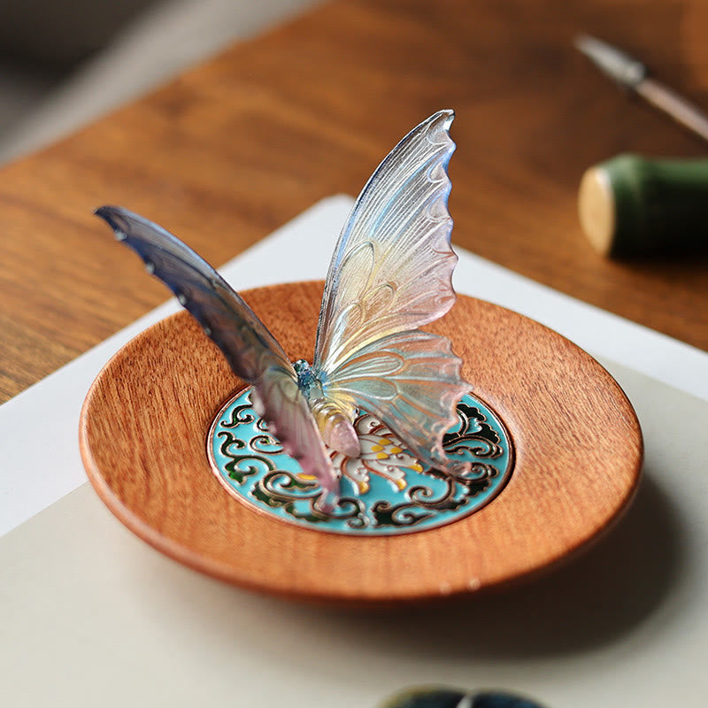 Butterfly Liuli Glass Incense Burner - Iridescent blue butterfly in wooden dish with enamel medallion, glass art