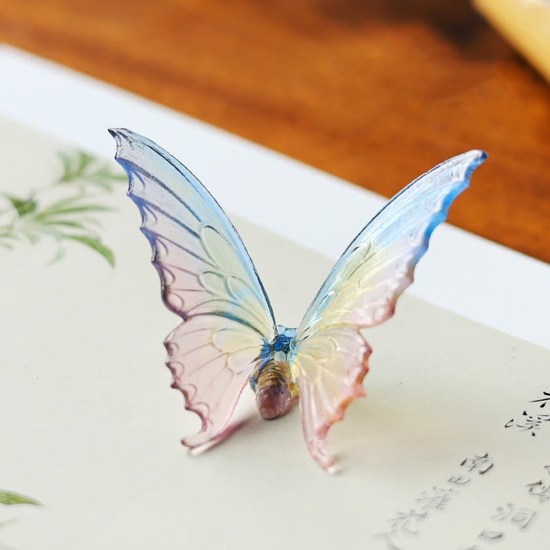 Butterfly Liuli Glass Incense Burner - Color-shifting wings with blue and rose hues on Chinese art paper, liuli craft