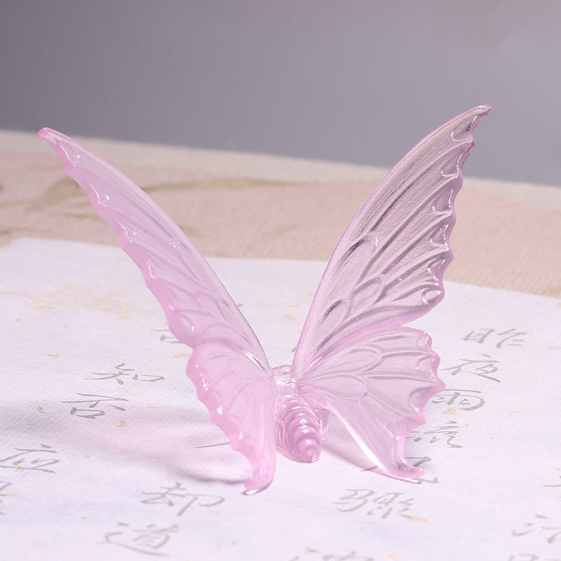 Butterfly Liuli Glass Incense Burner - Soft pink translucent butterfly with detailed wing veins on calligraphy paper, liuli art