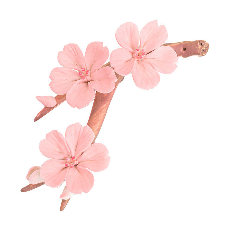 Plum Blossom Incense Burner – Three pink cherry blossoms on natural brown branch, ceramic sakura decor