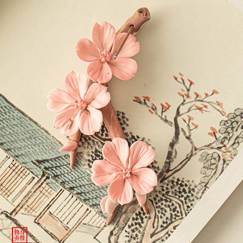 Plum Blossom Incense Burner – Pink sakura branch with burning incense on ink painting, resilience decor