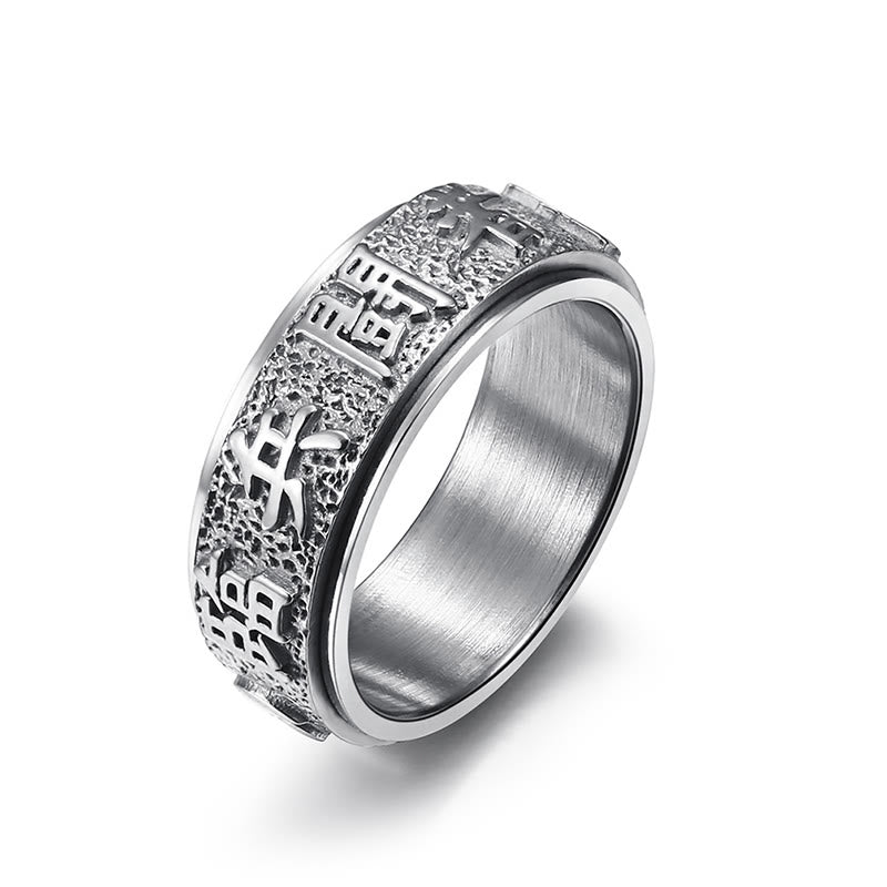Tibetan Nine-Word Mantra Spinner Ring with polished gold kuji-in characters, spiritual band ring