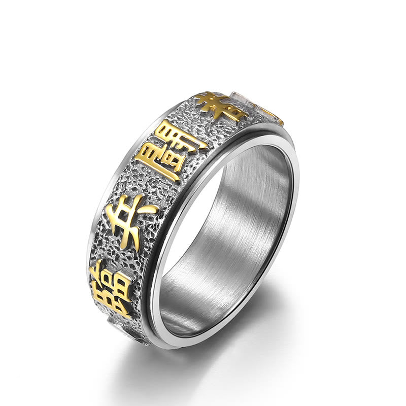 Tibetan Nine-Word Mantra Yin Yang Spinner Ring on white background, two-tone meditation jewelry