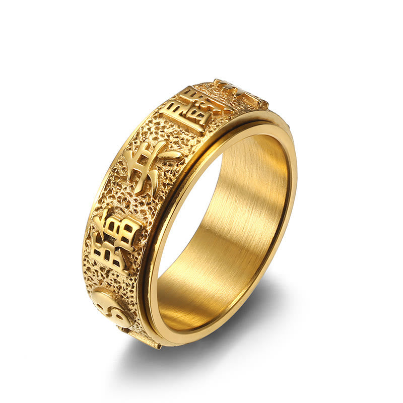 Gold Tibetan Nine-Word Mantra Spinner Ring with embossed characters, men's gold worry ring