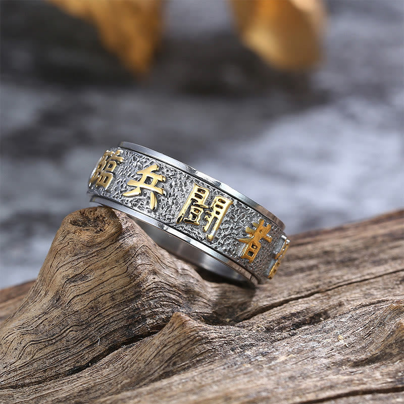 Tibetan Nine-Word Mantra Yin Yang Spinner Ring with Taoist characters on driftwood, fidget ring