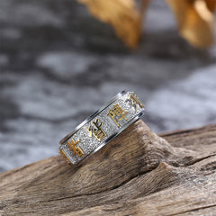 Tibetan Nine-Word Mantra Spinner Ring with gold characters on silver band, meditation ring