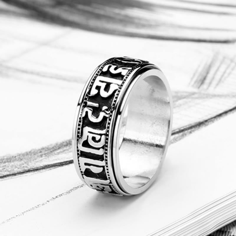 Tibetan Mantra Ring with Sanskrit script, silver meditation spinner ring