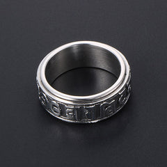 Silver Tibetan Spinner Ring on dark background, meditation worry ring