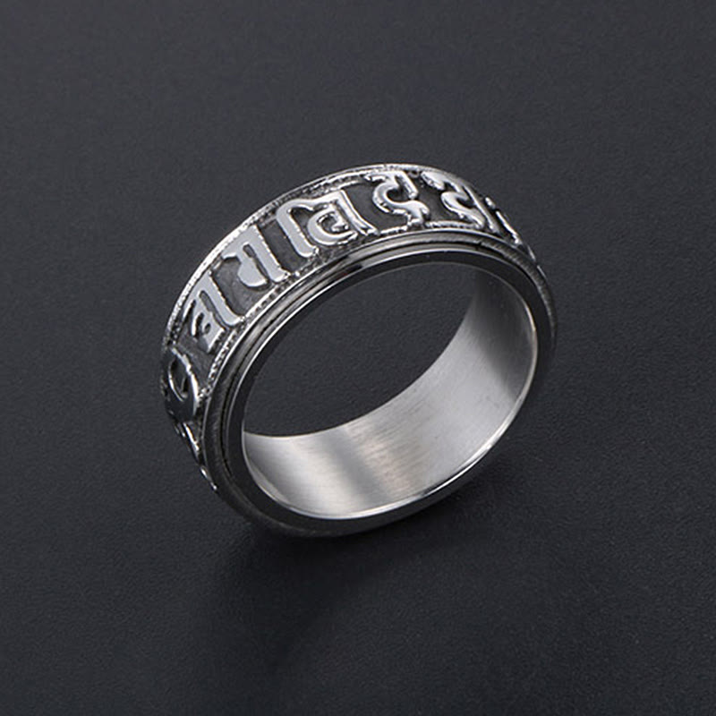 Silver Meditation Ring on matte black, Tibetan Buddhist spinner ring