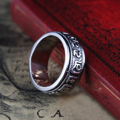 Om Mani Padme Hum Ring on carved box, silver Tibetan spinner ring