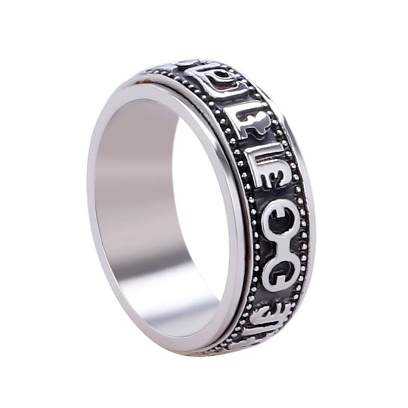 Silver Spinner Ring white background, Tibetan mantra band ring