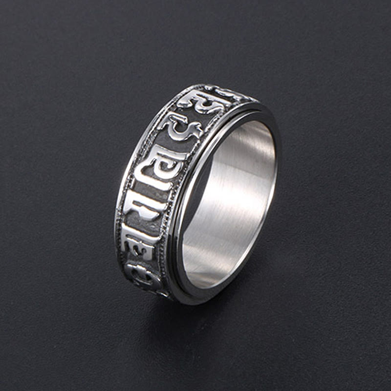 Tibetan Mantra Spinner Ring side view, silver oxidized band ring