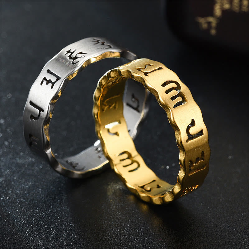 Titanium Steel Om Mani Padme Hum Spinner Ring – silver and gold rings stacked, peace balance Main image
