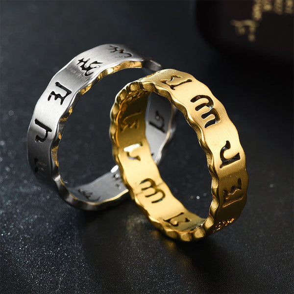 Titanium Steel Om Mani Padme Hum Spinner Ring – silver and gold rings stacked, peace balance
