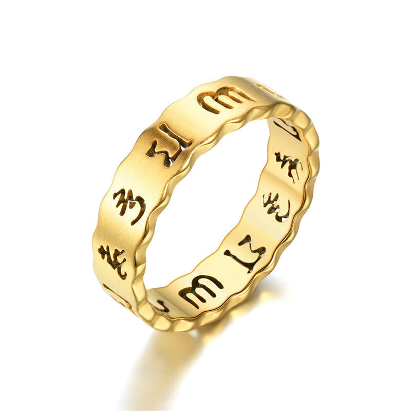 Titanium Steel Om Mani Padme Hum Spinner Ring – gold engraved band on white, elegant serene