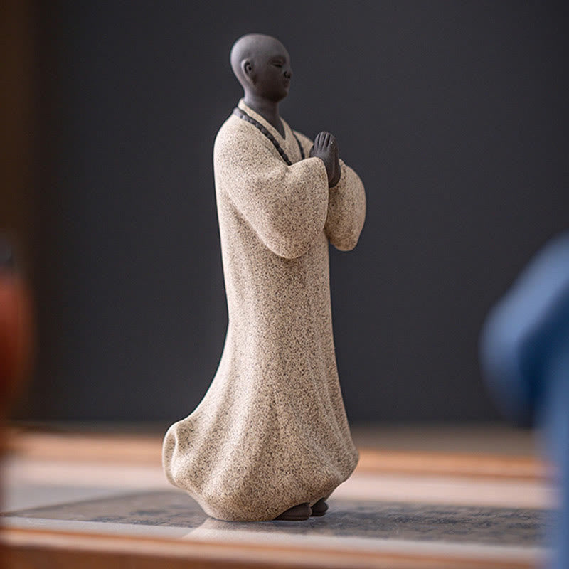 Ceramic Meditating Monk Figure – on coffee table with incense holder, zen living room