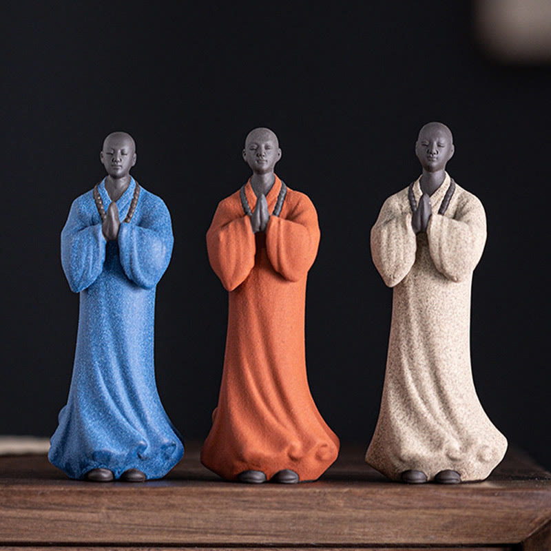 Ceramic Meditating Monk Figure – monk in brown robe sitting meditation pose, zen decor