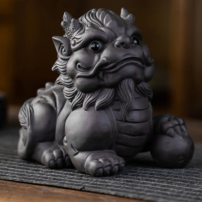 PiXiu Ingot Ball Purple Clay Tea Pet – Close-up front of single black clay PiXiu without gold details, handmade tea ornament