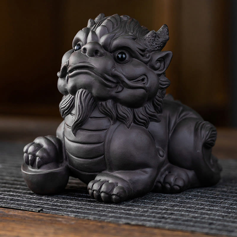 PiXiu Ingot Ball Purple Clay Tea Pet – Front angle of single black PiXiu holding gold ingot, purple clay craftsmanship