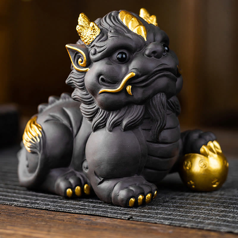 PiXiu Ingot Ball Purple Clay Tea Pet – Single black PiXiu with gold horns ears tail holding gold ball, luxury feng shui