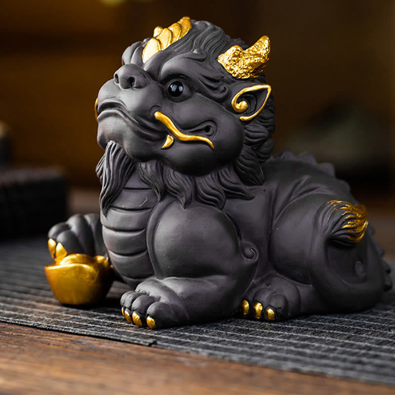 PiXiu Ingot Ball Purple Clay Tea Pet – Side close-up of gold-accented PiXiu with gold ball, matte black clay texture
