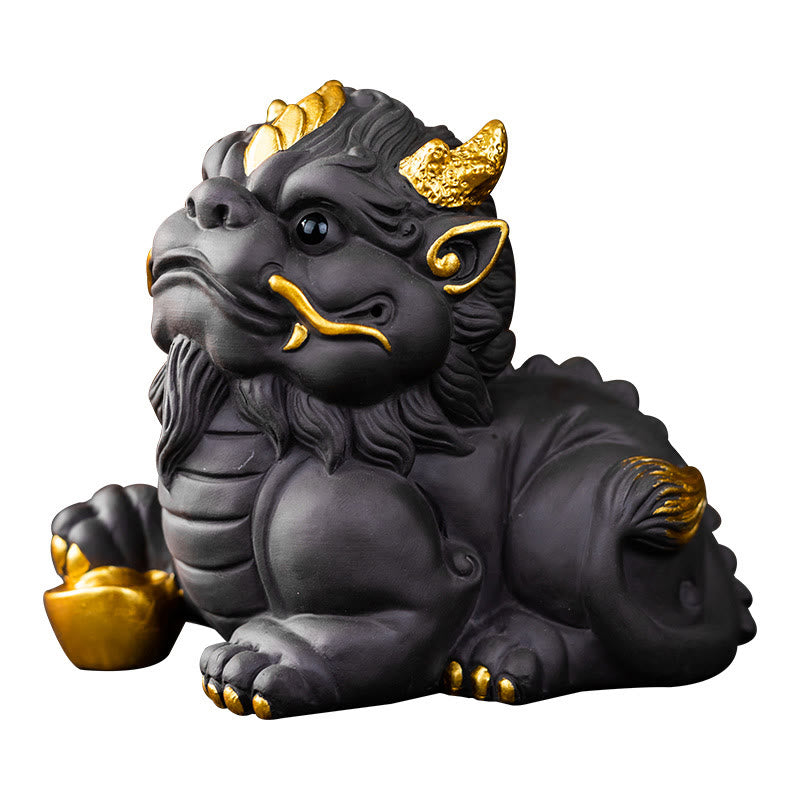 PiXiu Ingot Ball Purple Clay Tea Pet – Gold-accented black PiXiu isolated on white background, clear product detail view