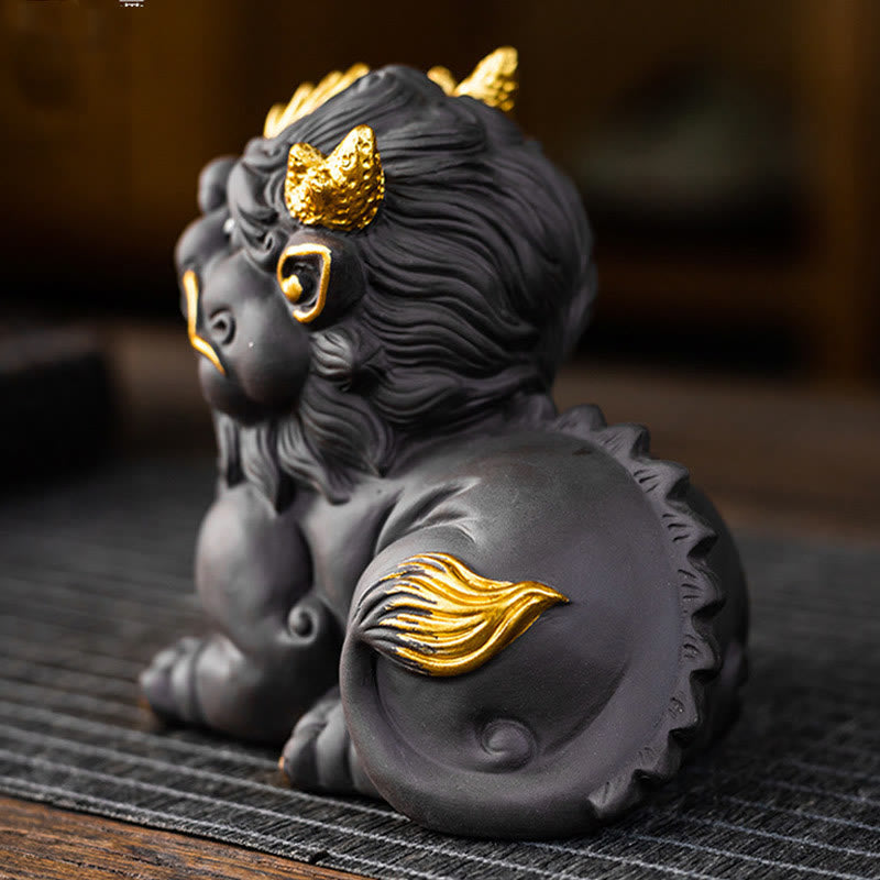 PiXiu Ingot Ball Purple Clay Tea Pet – Back angle showing gold tail feathers and curved body of black clay PiXiu
