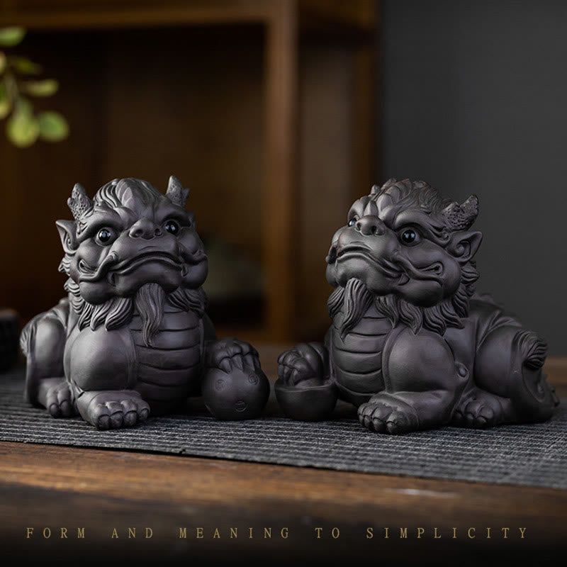 PiXiu Ingot Ball Purple Clay Tea Pet – Two black clay PiXiu tea pets side by side on wooden surface, zen home decor