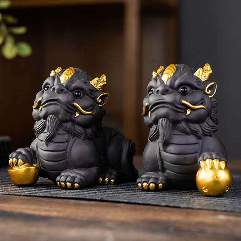 PiXiu Ingot Ball Purple Clay Tea Pet – Pair of gold-accented PiXiu side by side, one with ingot and one with gold ball