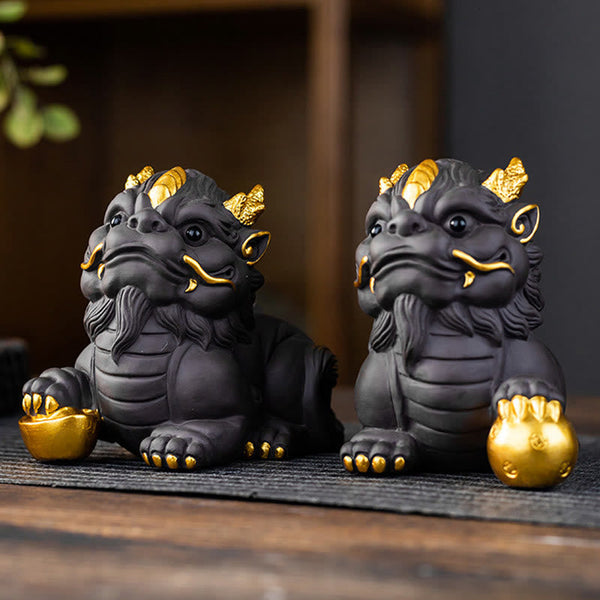 PiXiu Ingot Ball Purple Clay Tea Pet – Pair of gold-accented PiXiu side by side, one with ingot and one with gold ball