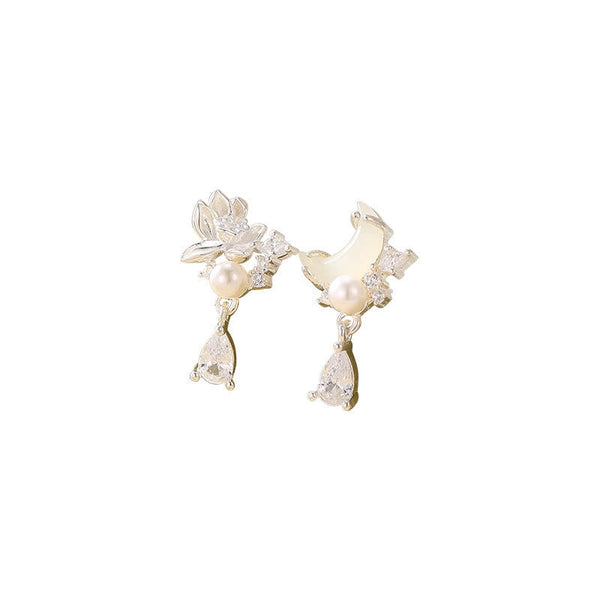Hetian Jade & Sterling Silver Lotus Moon Earrings - asymmetrical lotus and moon pair on white background, sterling silver