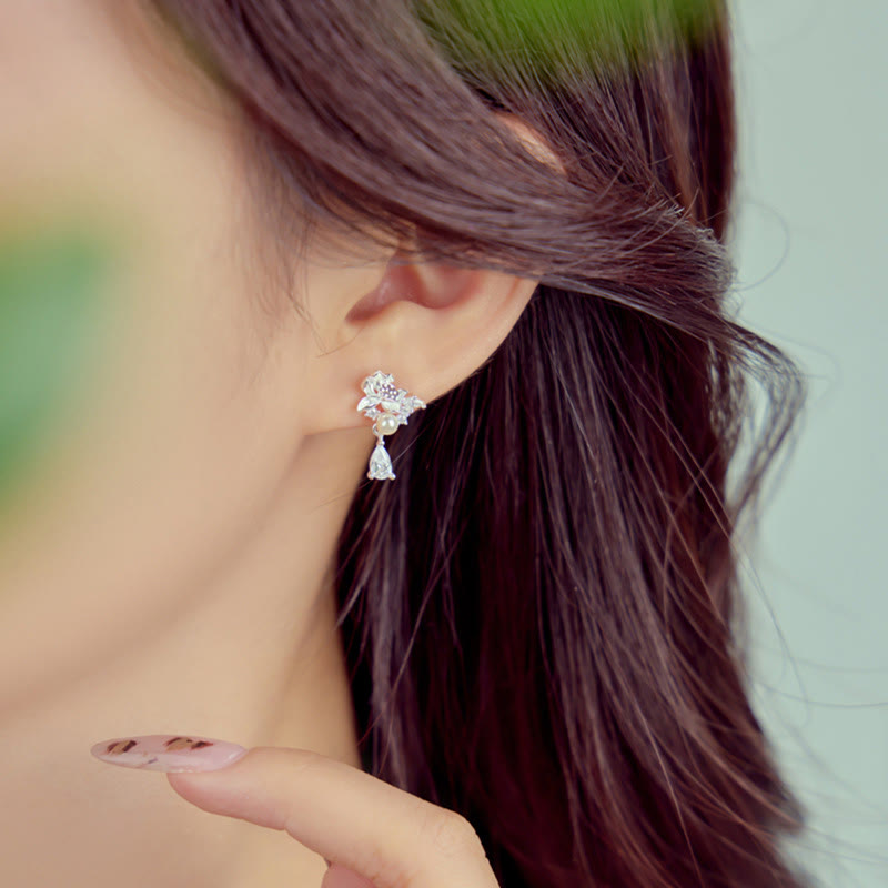 Hetian Jade & Sterling Silver Lotus Moon Earrings - silver crystal dangle earring worn, outdoor natural light, refined