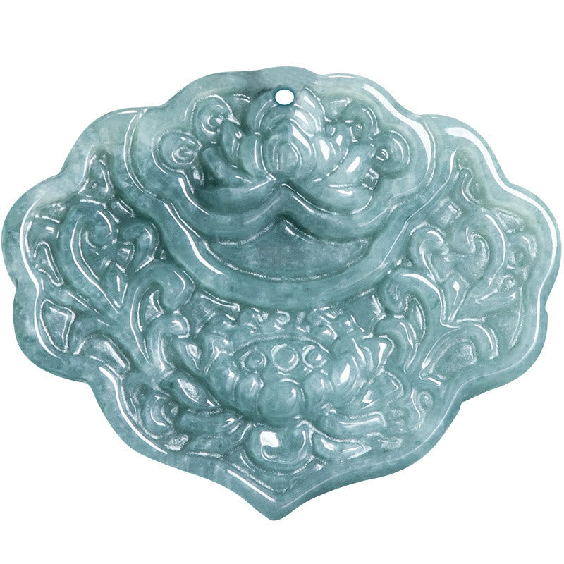 Lotus Pattern Carved Jade Pendant Necklace - isolated white background front view, carved lotus jade detail