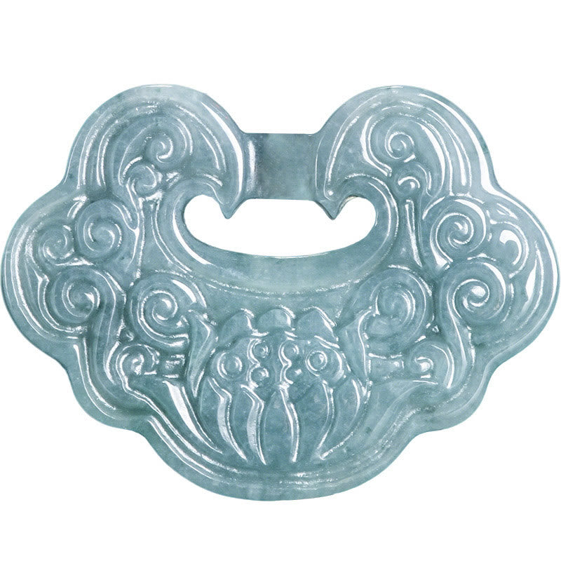 Lotus Carved Jade Ruyi Pendant – white background, carved lotus and cloud motifs, lucky