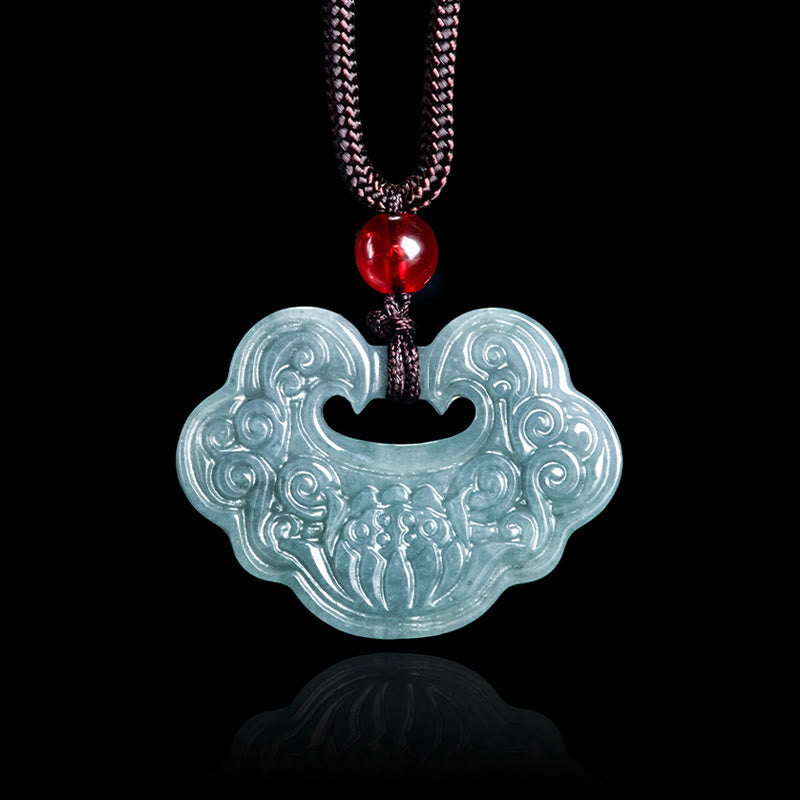 Jade Ruyi Pendant Necklace – carved jade lock with bat motif on black, abundance