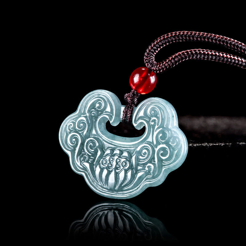 Lotus Carved Jade Ruyi Pendant – green jade lock with lotus carving and red bead, fortune