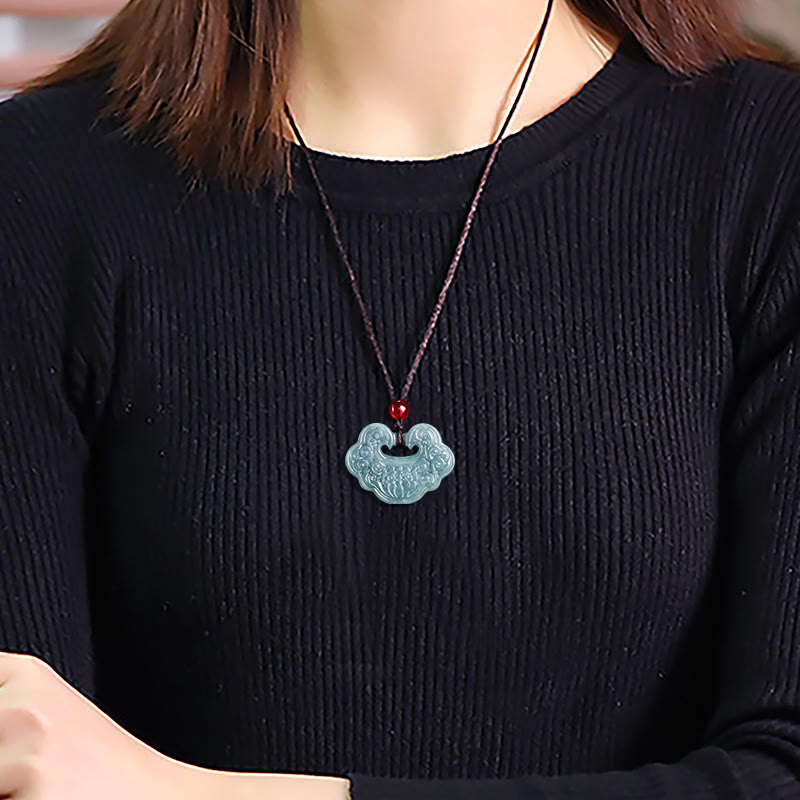 Jade Ruyi Pendant Necklace – worn on black knit, carved jade lotus amulet, fortunate