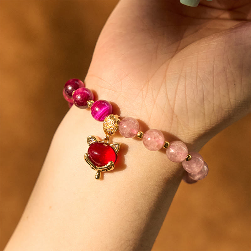Natural Strawberry Quartz Love Bracelet – wrist warm lighting red fox pink beads love talisman