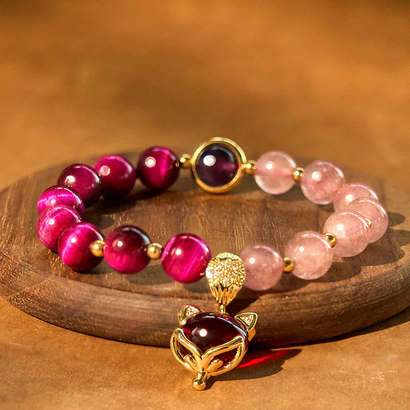 Natural Strawberry Quartz Love Bracelet – wooden stand warm glow fox charm crystal beads detail
