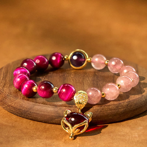 Natural Strawberry Quartz Love Bracelet – wooden stand warm glow fox charm crystal beads detail