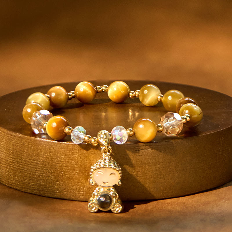 Yellow Tiger Eye Buddha Bracelet – gemstone properties card, courage focus protection