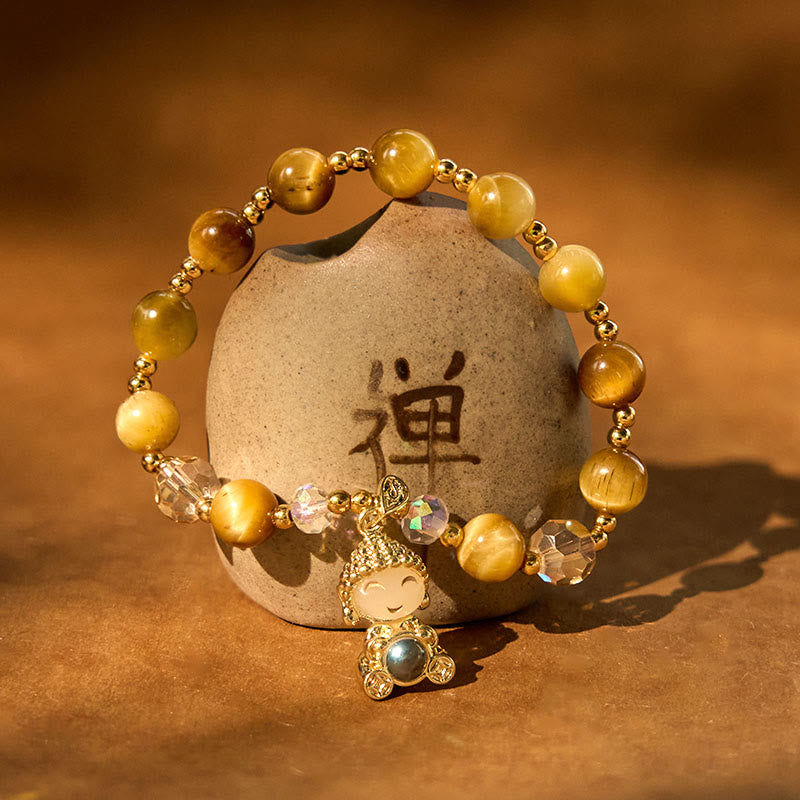 Yellow Tiger Eye Meditation Buddha Bracelet – Double wrap around wrist, layered look, bold accessory