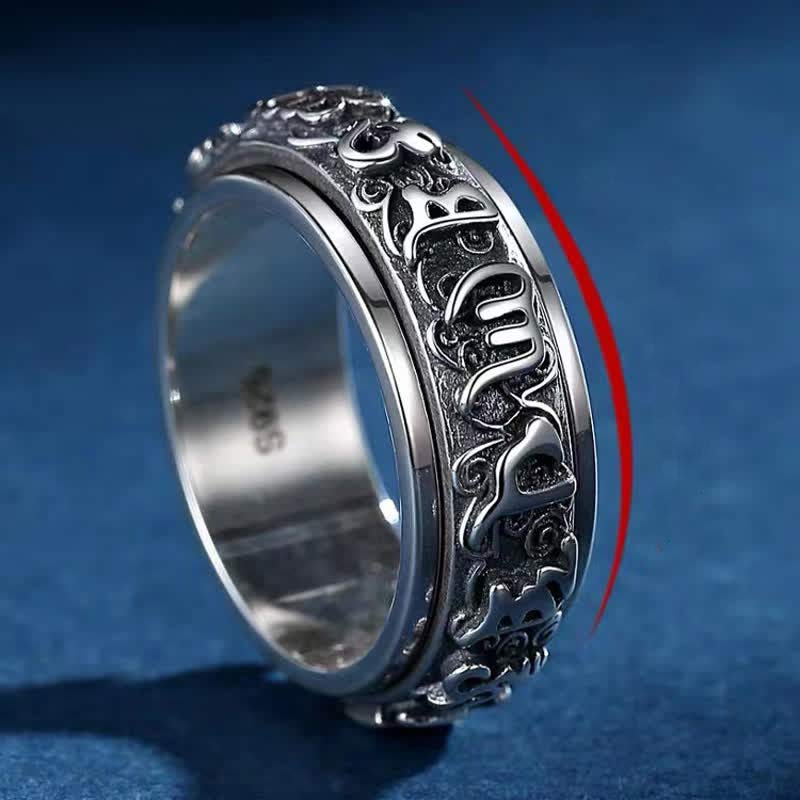 Swastika Copper Rotatable Ring – Silver spinner band with relief patterns and S925 stamp, men's ring