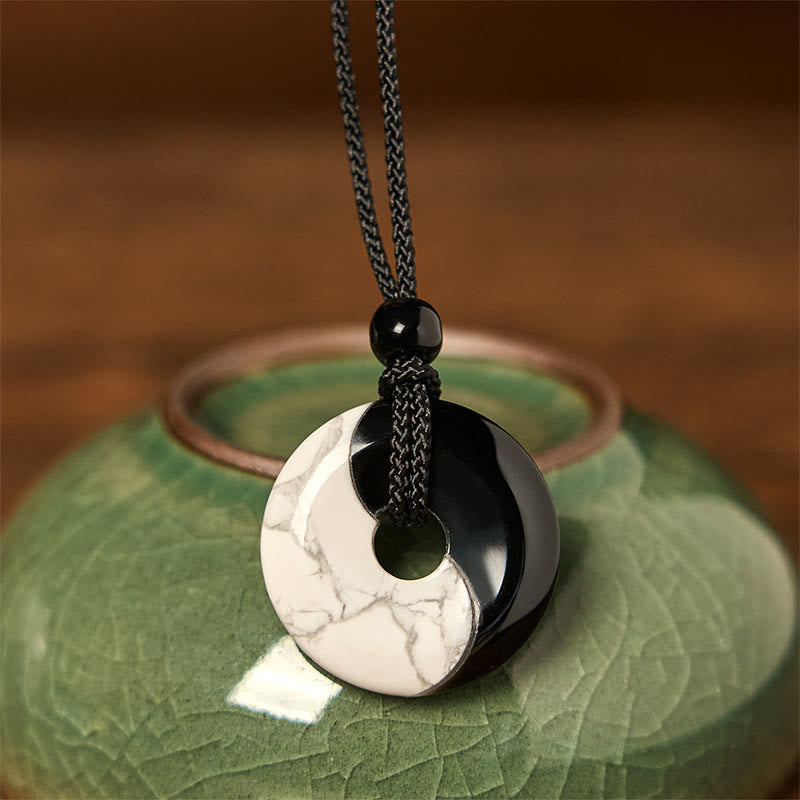 Obsidian White Turquoise Yin Yang Peace Buckle Necklace - Donut-shaped yin-yang pendant with black obsidian and white howl...