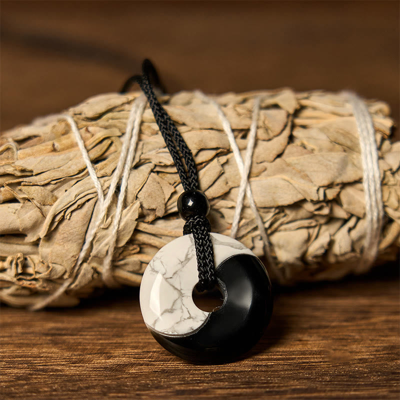 Obsidian White Turquoise Yin Yang Peace Buckle Necklace - Donut yin-yang pendant with black obsidian and white veined howl...